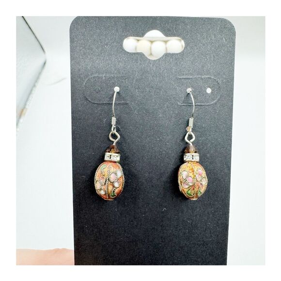 Vintage Cloisonne Dainty Drop Earrings Oval Bead Pink Red Sterling Silver - Picture 3 of 12
